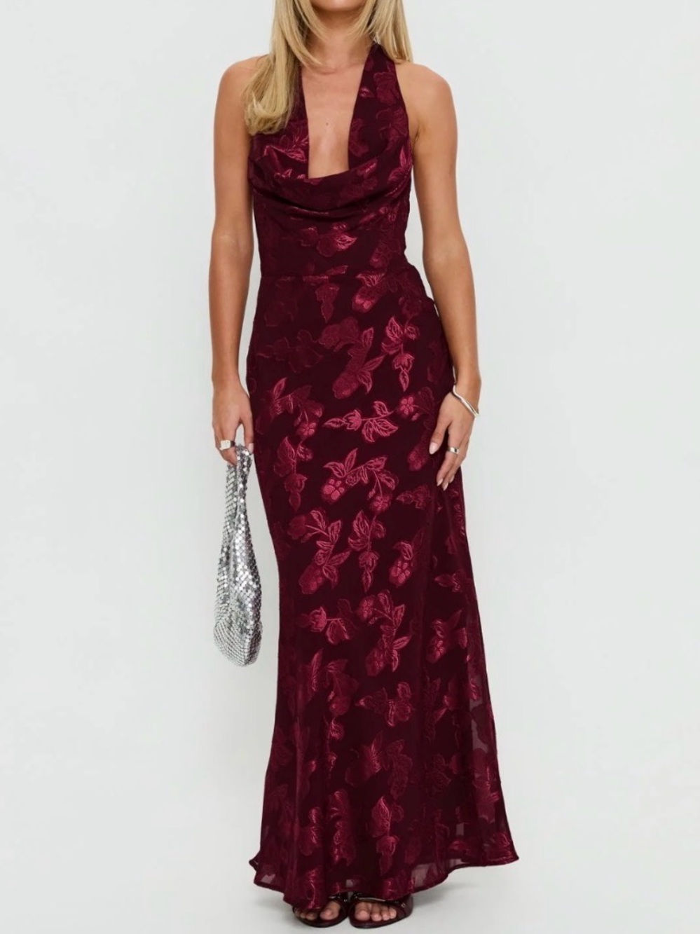 Princess Polly Jazminah Halter Cowl Neck Maxi Dress Burgundy